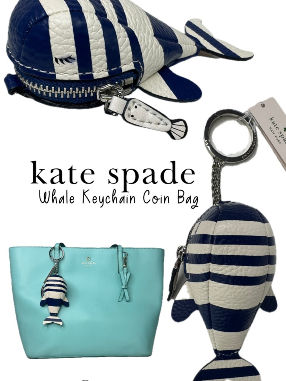 Kate Spade Navy & White Striped Whale Shore Leather Coin Purse Keychain Fob